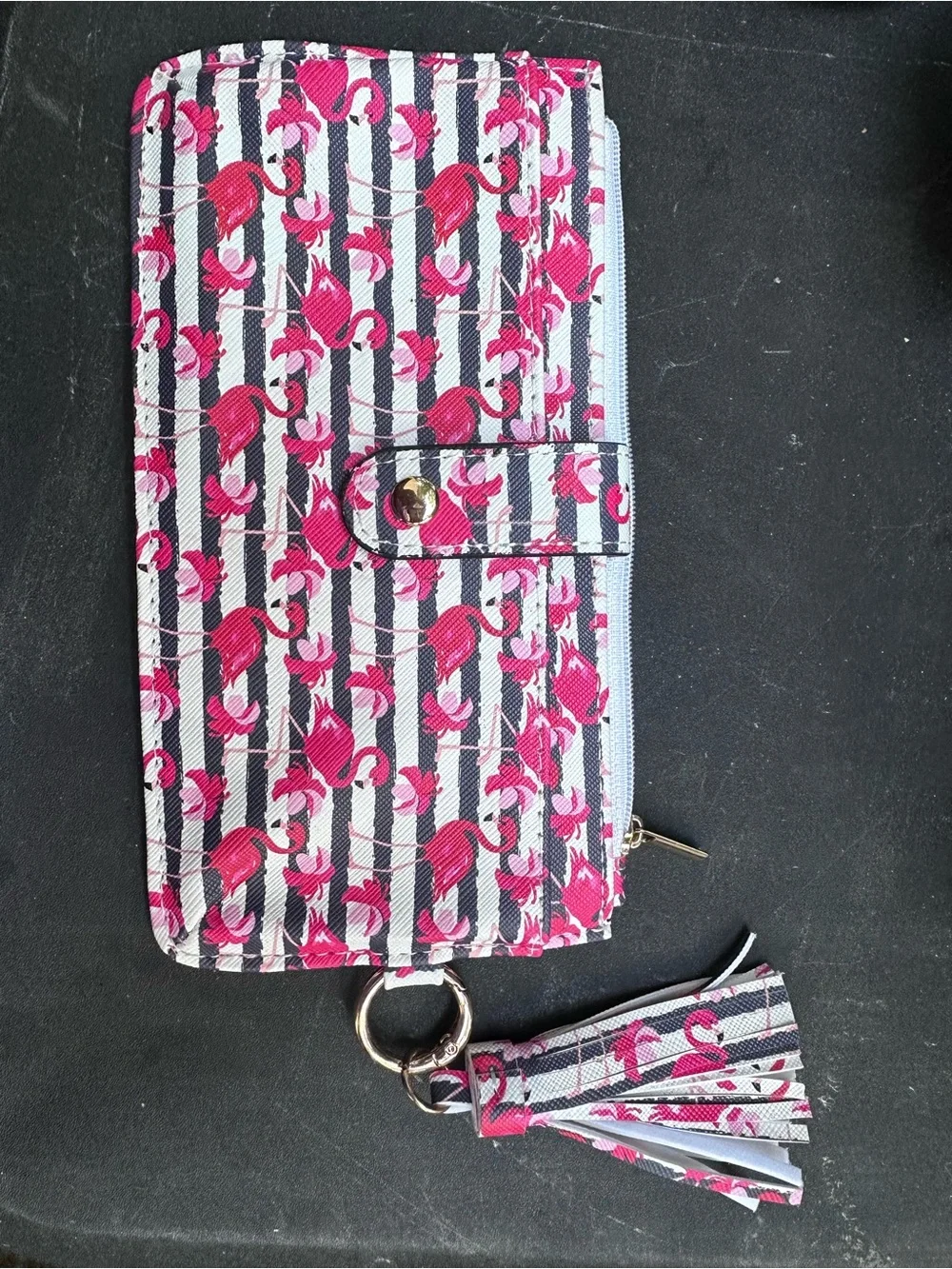 Striped Flamingo Zip Card Holder with Tassel Keyring - Pink